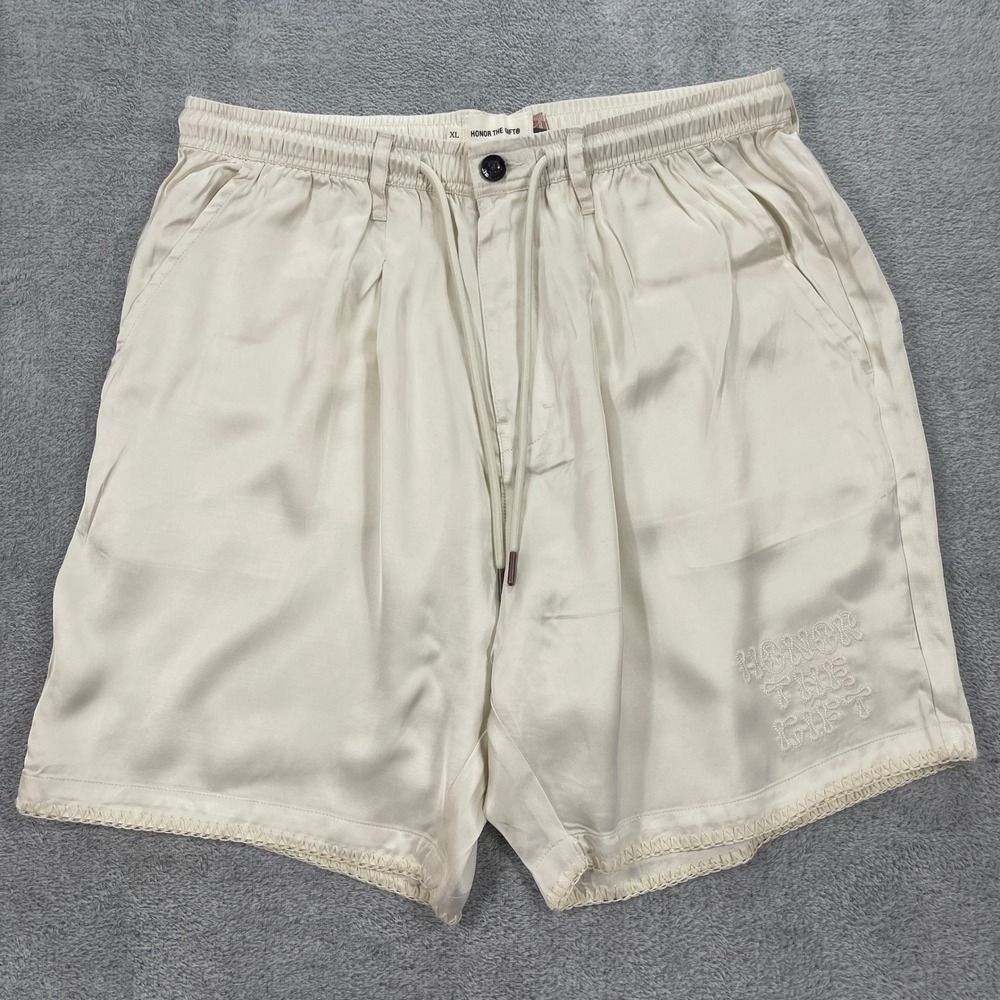 Honor The Gift Shorts Men XL Cream Satin Lounge Shorts Pleated Embroidered Logo
